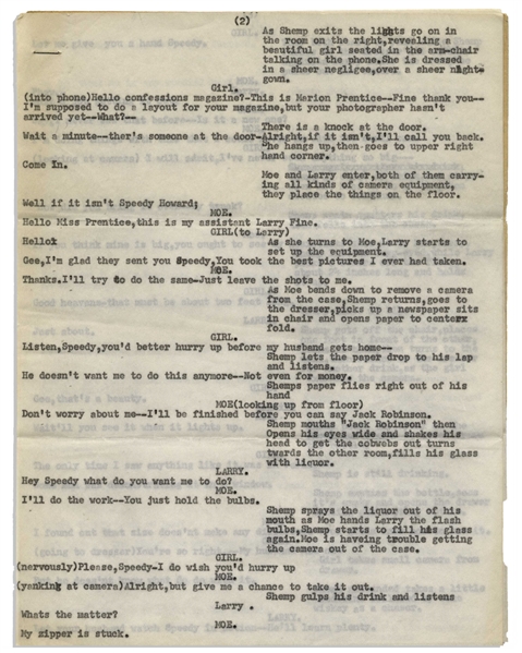 Moe Howard's 5pp. Script for a Scene With Moe, Larry & Shemp -- Entire Skit Is a Funny Double Entendre With the Stooges Playing Fashion Photographers -- Missing 1st Page -- Very Good Condition